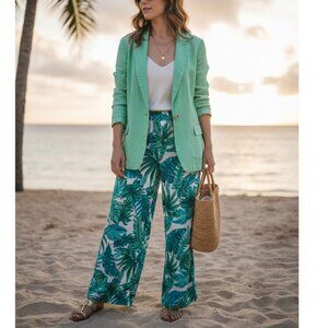 LOFT Womens Large Light Green Linen Blend Blazer Lightweight Resortwear Travel